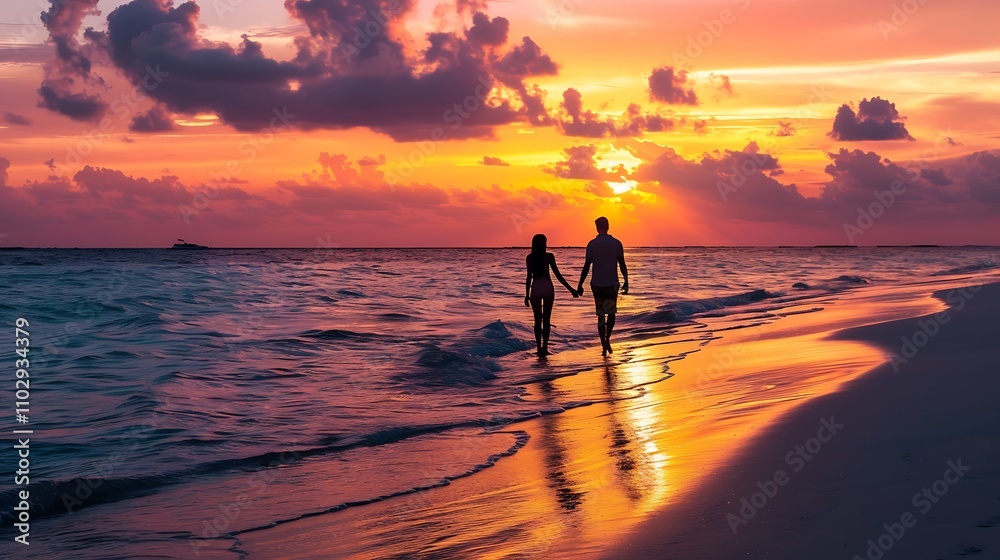 Couple Silhouettes Walking on a Beach at Sunset Couple Silhouettes Walking on a Beach at Sunset