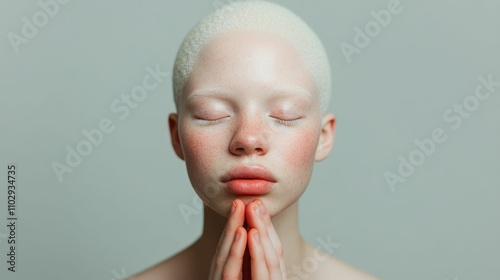 Empowering portrait showcasing an albino individual embracing self acceptance vulnerably displaying their unique skin condition and scars as a powerful statement of strength diversity