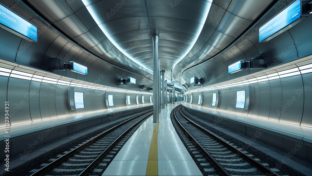 Modern underground metro station with illuminated tracks and sleek architecture in an urban environment Modern underground metro station with illuminated tracks and sleek architecture in an urban environment