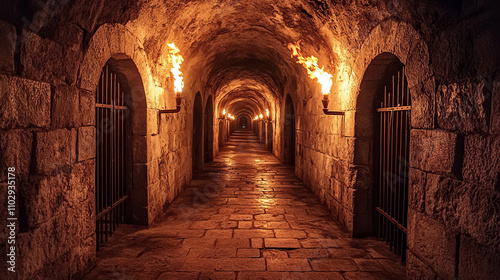 A dark, stone hallway in a medieval castle dungeon. Flaming torches light the way down a long corridor with barred cells and arched doorways. It's an underground game setting.