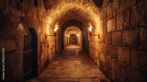 A dark, stone hallway in a medieval castle dungeon.  Flaming torches light the way down a long corridor with barred cells and arched doorways.  It's an underground game setting.