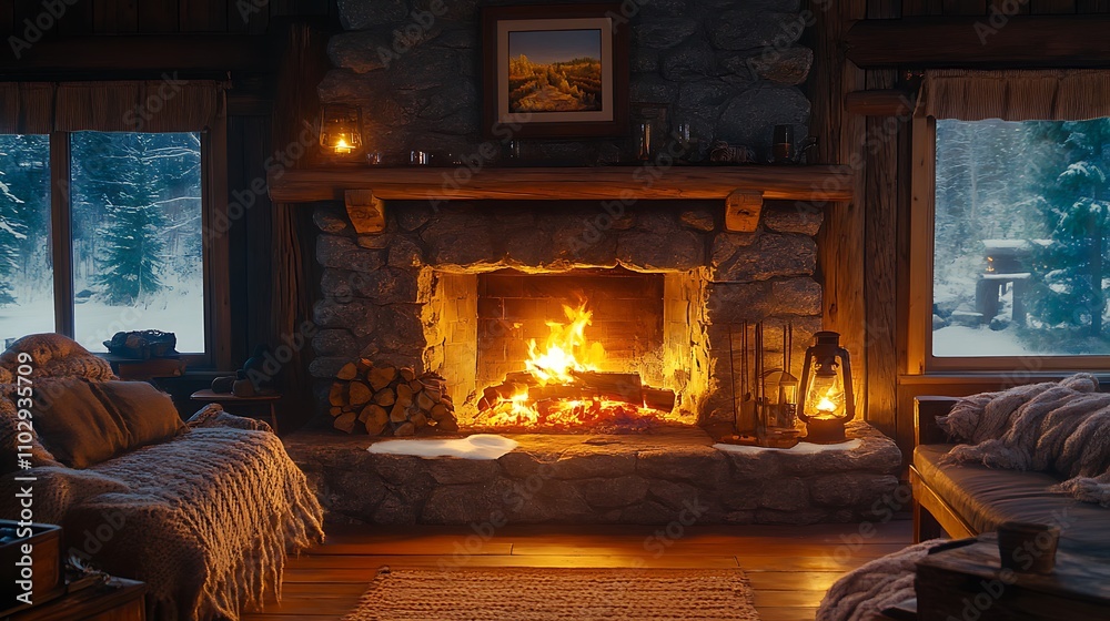 A rustic cabin living space with a roaring fireplace framed by a stone mantel, cozy seating covered in knitted throws, warm golden lighting, and a soft glow from a nearby lantern, hd quality, A rustic cabin living space with a roaring fireplace framed by a stone mantel, cozy seating covered in knitted throws, warm golden lighting, and a soft glow from a nearby lantern, hd quality,
