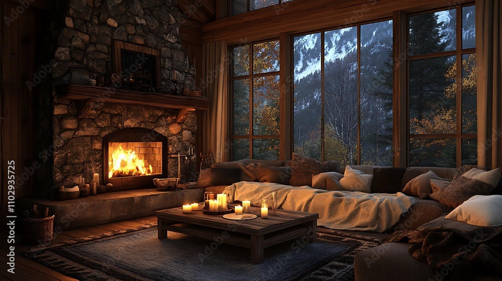 A rustic cabin with a large fireplace made of stone, a plush sofa draped in soft blankets, flickering candles on a wooden coffee table, and warm light filling the room, hd quality, cozy and tranquil. A rustic cabin with a large fireplace made of stone, a plush sofa draped in soft blankets, flickering candles on a wooden coffee table, and warm light filling the room, hd quality, cozy and tranquil.