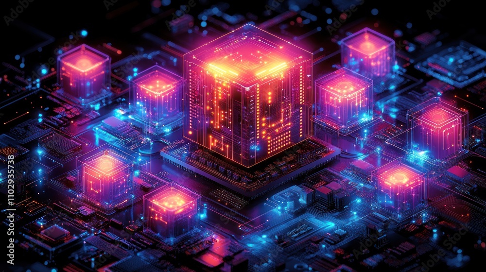 A futuristic digital landscape featuring glowing data cubes and circuits.