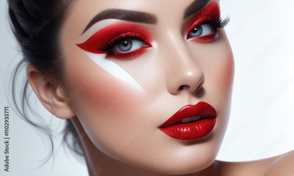 Bold red makeup with dramatic eyeliner on model's face Bold red makeup with dramatic eyeliner on model's face