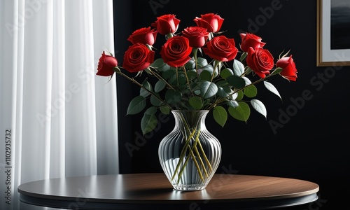 Elegant red roses in glass vase on wooden table by window photo