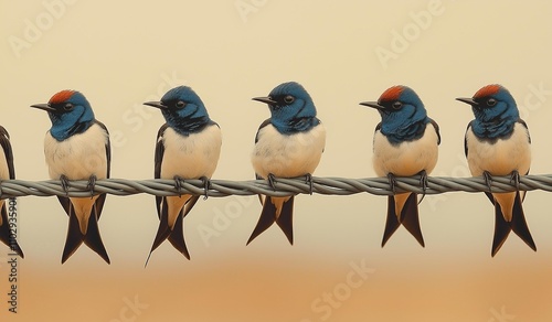 ai generated image of Hirundo rustica,It is a perching bird that is characterized by a blue top and a long deep forked tail.Lots of birds are lined up on the power lines. photo