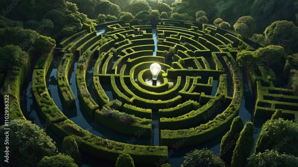 Enchanted Aerial View of Circular Hedge Maze with Glowing Light V1 Enchanted Aerial View of Circular Hedge Maze with Glowing Light V1