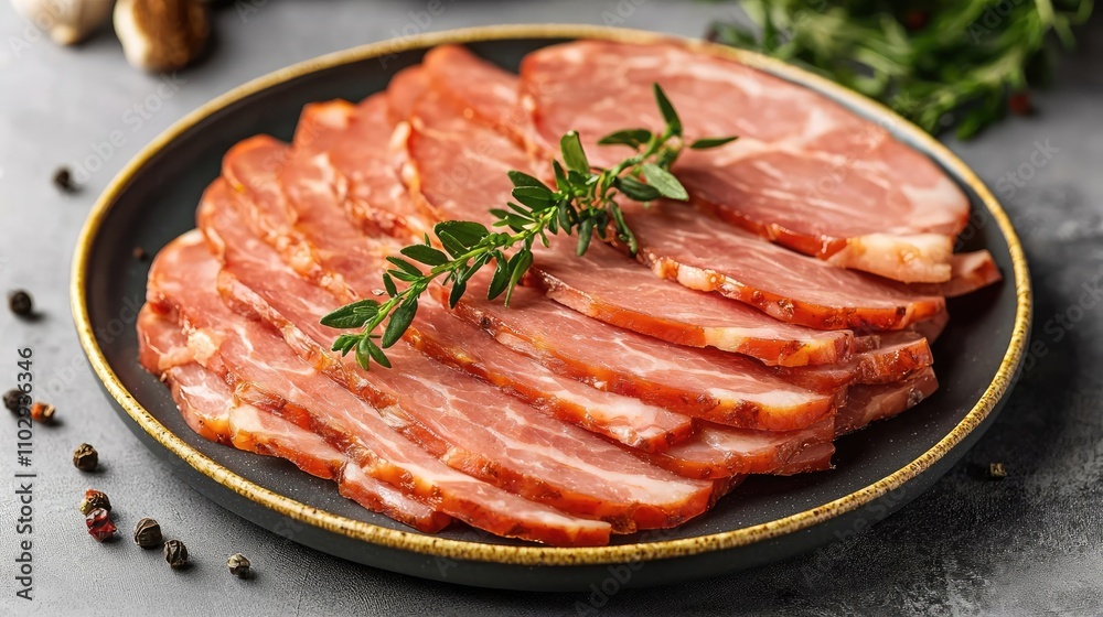 Sliced meat with herbs on a black plate, appetizing and beautifully arranged. Sliced meat with herbs on a black plate, appetizing and beautifully arranged.