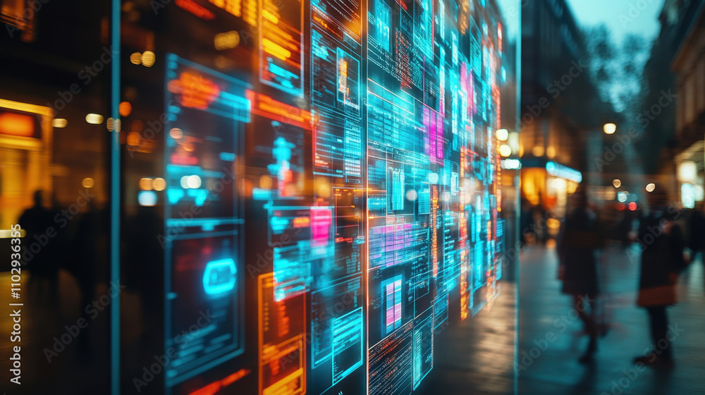 Database. A vibrant digital display illuminates a city street, showcasing colorful data visuals amid an urban evening atmosphere. Database. A vibrant digital display illuminates a city street, showcasing colorful data visuals amid an urban evening atmosphere.