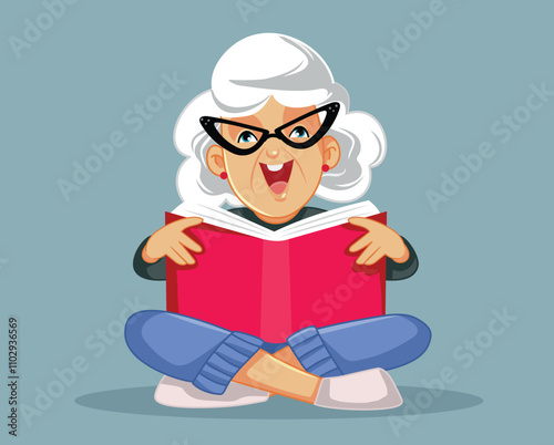 Happy Granny Reading a Book Vector Cartoon Illustration. Carefree grandmother reading as a hobby a bestselling novel
