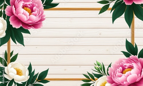 Vibrant floral frame with peony blooms on light wood background