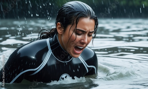 Intense aquatic training: swimmer in black wetsuit navigates challenging waters photo