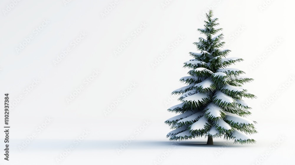 A snow-covered evergreen tree stands alone on a white background, evoking winter serenity. A snow-covered evergreen tree stands alone on a white background, evoking winter serenity.