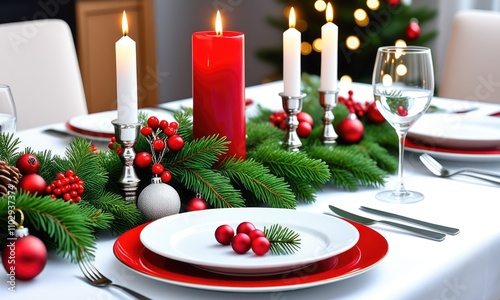 Festive holiday table setting with candles, pine, and red accents for christmas celebration photo