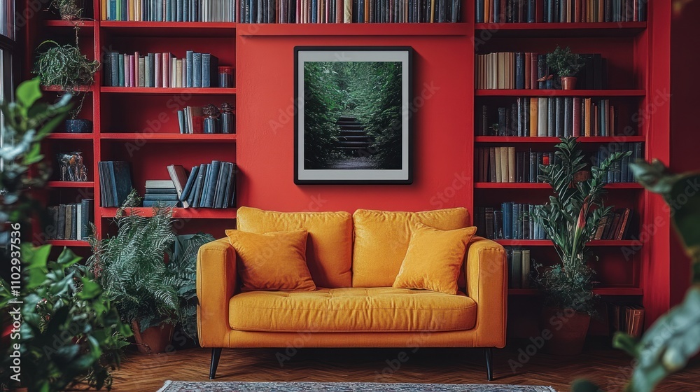 Cozy living room with vibrant orange couch, bookshelves, and greenery. Cozy living room with vibrant orange couch, bookshelves, and greenery.