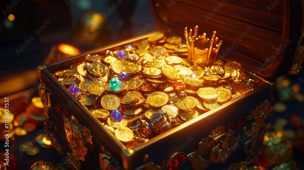 A game image of a treasure chest overflowing with gold coins, jewels, and a crown. It depicts pirate loot with sparkling gems. A game image of a treasure chest overflowing with gold coins, jewels, and a crown. It depicts pirate loot with sparkling gems.