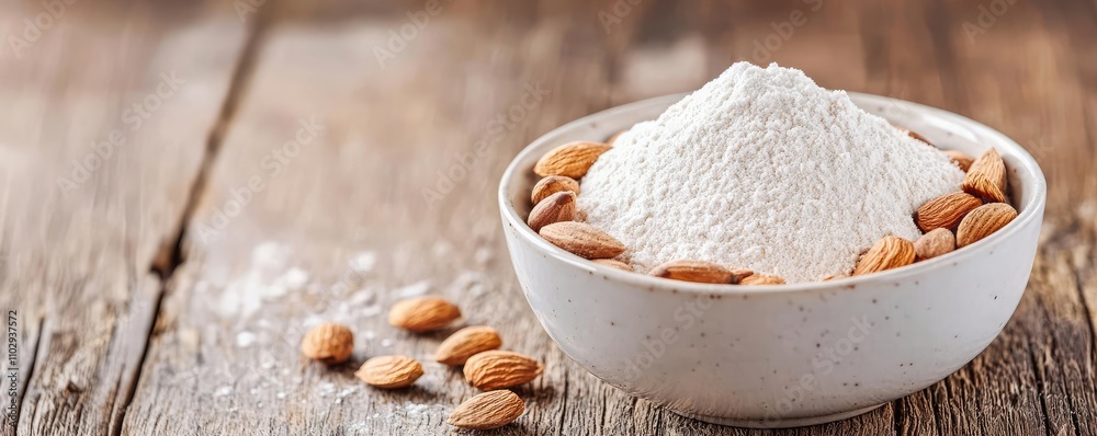 Bowl of almond flour surrounded by whole almonds on a rustic wooden table. Bowl of almond flour surrounded by whole almonds on a rustic wooden table.