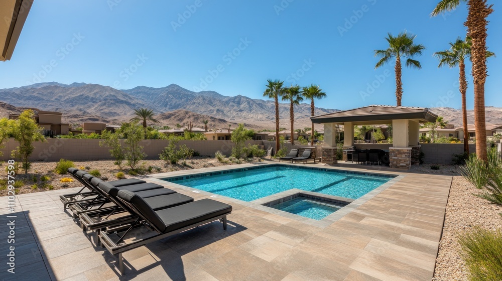 A serene backyard pool area with loungers and palm trees against a mountain backdrop. A serene backyard pool area with loungers and palm trees against a mountain backdrop.