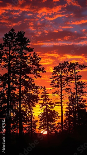 Silhouetted trees against vibrant colors of setting sun, sky, clouds