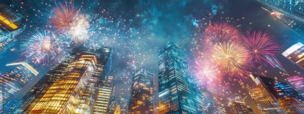 fireworks exploding over a modern cityscape, reflecting off skyscraper windows