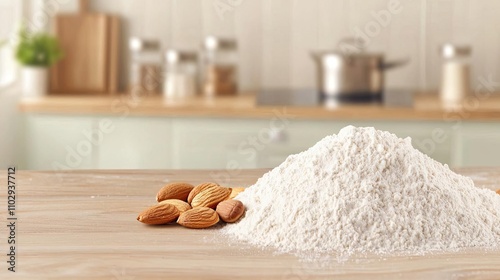 Almond flour piled high with almonds on a wooden surface, kitchen in background.