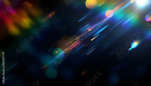 Blurred rainbow refraction overlay effect. Light lens prism effect on black background. Holographic reflection, crystal flare leak shadow overlay. Colorful rainbow disco ball light leaks texture photo