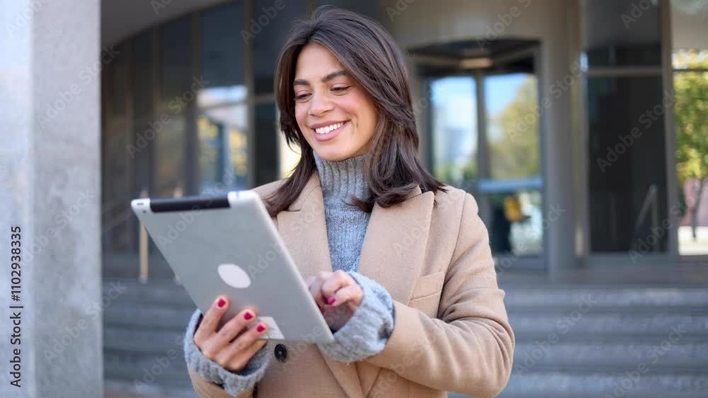 Happy businesswoman confidently using her tablet in front of her workplace Happy businesswoman confidently using her tablet in front of her workplace