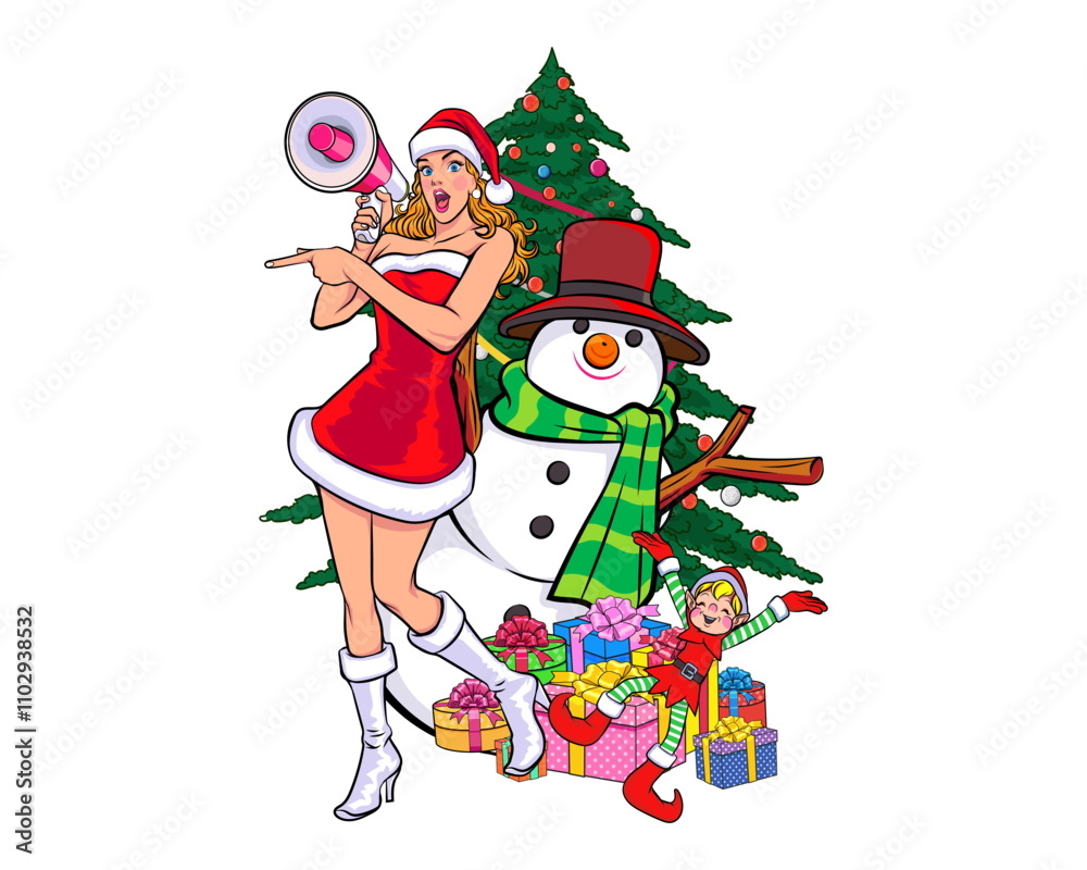 merry christmas santa and snowman elf with Christmas girl in red dress in pop art comic style merry christmas santa and snowman elf with Christmas girl in red dress in pop art comic style