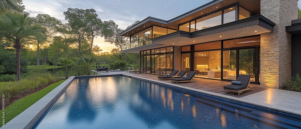 Fototapeta premium AI generator image of house on the water, a mix of Roman style, with wooden modern ceilings, exterior waterfall, stone beige color pillars, windows from bottom to top in tinted glass, large pool style