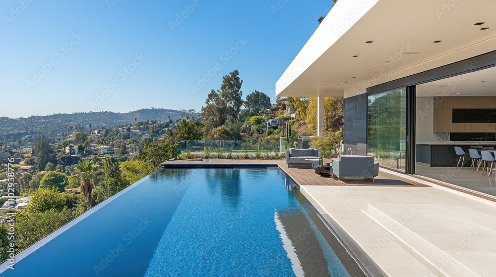 Fototapeta premium Modern villa with infinity pool overlooking a scenic landscape.