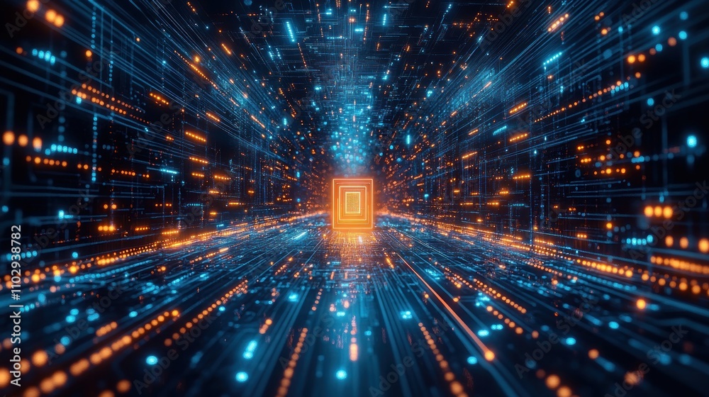 Naklejka premium A digital landscape depicting a glowing processor amidst flowing data streams.