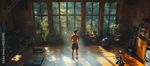 A person stands in a sunlit gym, surrounded by fitness equipment and greenery.