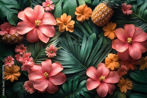 A vibrant arrangement of tropical flowers and foliage with a pineapple, evoking a summery vibe.