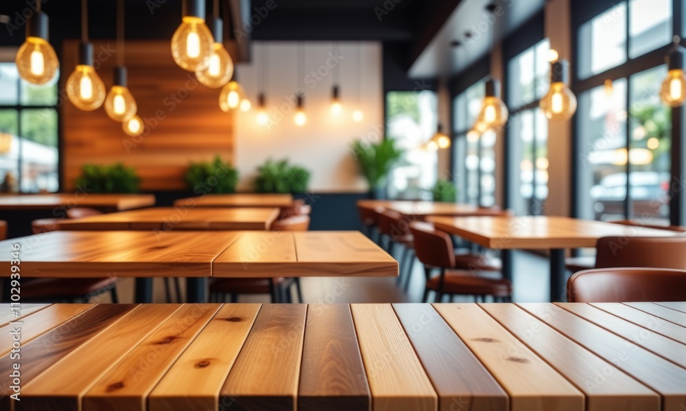 Modern café interior with wooden tables and warm lighting Modern café interior with wooden tables and warm lighting