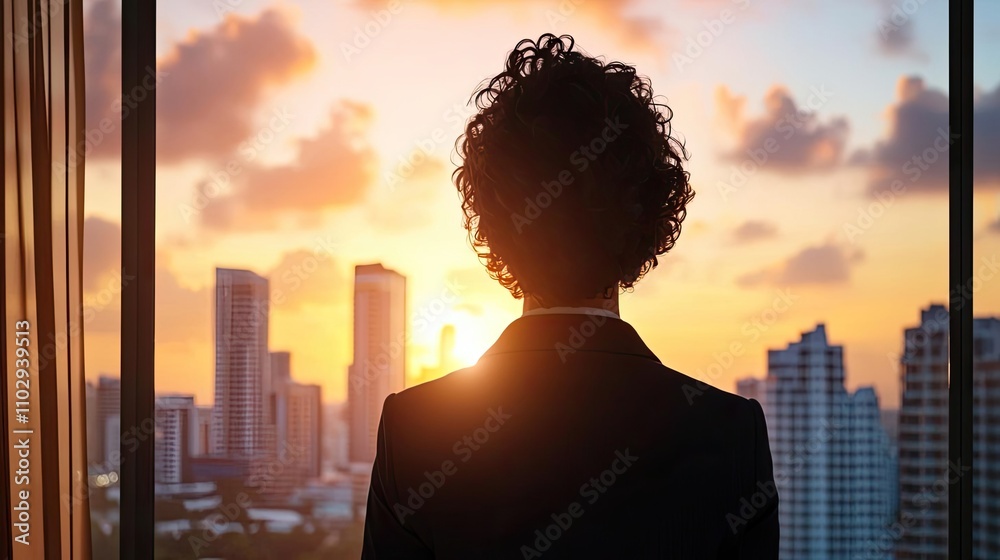 Person viewing city skyline at sunset through a large window. Person viewing city skyline at sunset through a large window.