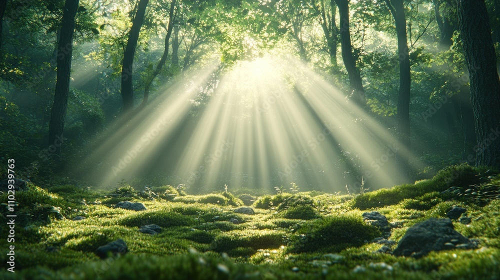 Fototapeta premium A serene forest scene with sunlight filtering through trees, illuminating the mossy ground.