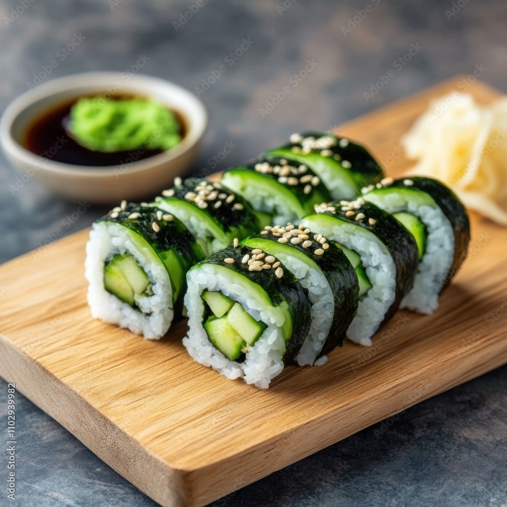 A refreshing cucumber and avocado sushi roll with a side of soy sauce, served on a bamboo sushi mat, Sushi roll centered with pickled ginger A refreshing cucumber and avocado sushi roll with a side of soy sauce, served on a bamboo sushi mat, Sushi roll centered with pickled ginger