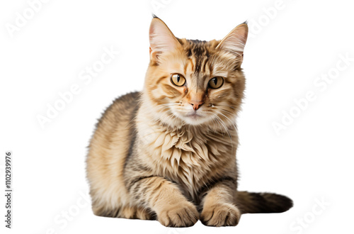A fluffy, golden-brown cat sitting gracefully against a black background.