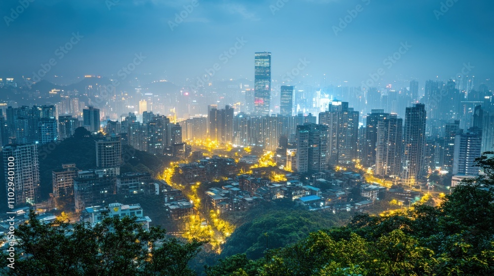 Obraz premium A panoramic view of a city skyline at dusk, illuminated by city lights amidst a misty atmosphere.