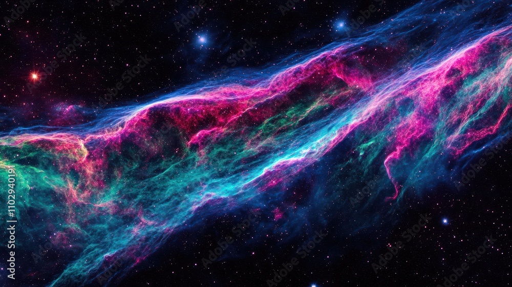 Fototapeta premium A vibrant cosmic nebula showcasing colorful gas and dust in space.