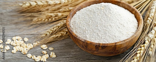 Oat flour in a wooden bowl with wheat ears on rustic wooden background. photo