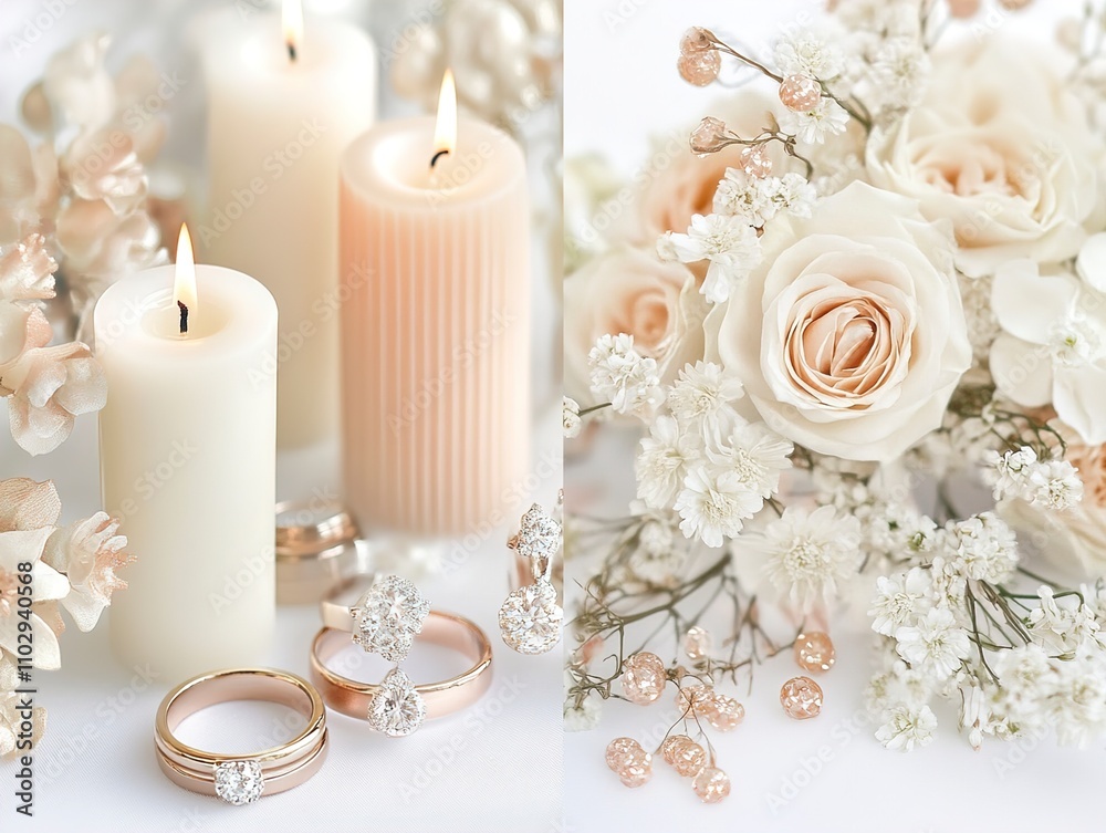 Elegant Wedding Details Candles, Rings, and Roses