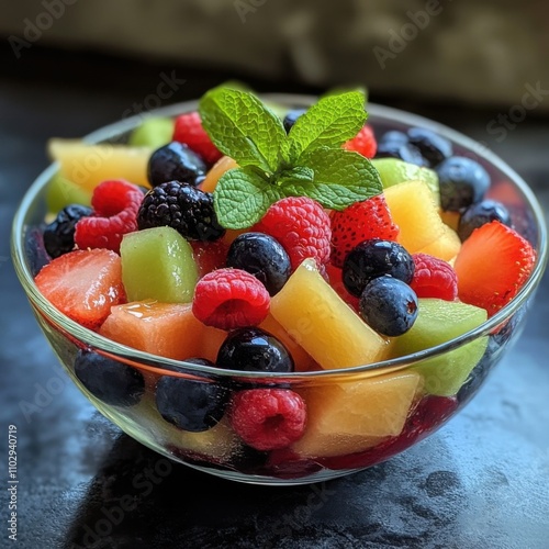 A refreshing fruit salad featuring a mix of berries, melons, and mint leaves