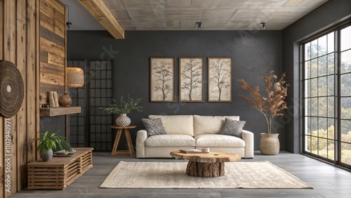 Rustic Living Room with dark gray walls and Mountain Views with Cozy Wooden Accents V3