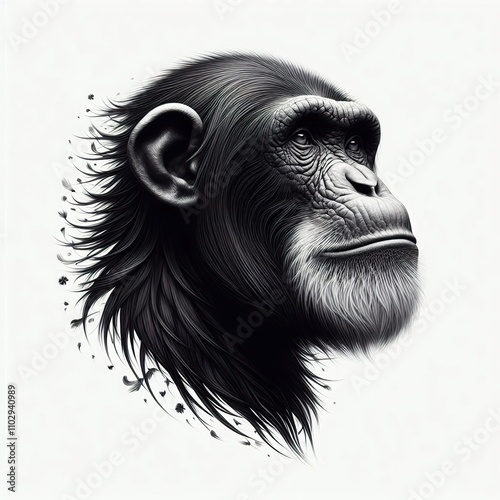 Majestic chimpanzee Portrait, Canine Art, white background, minimalist photo