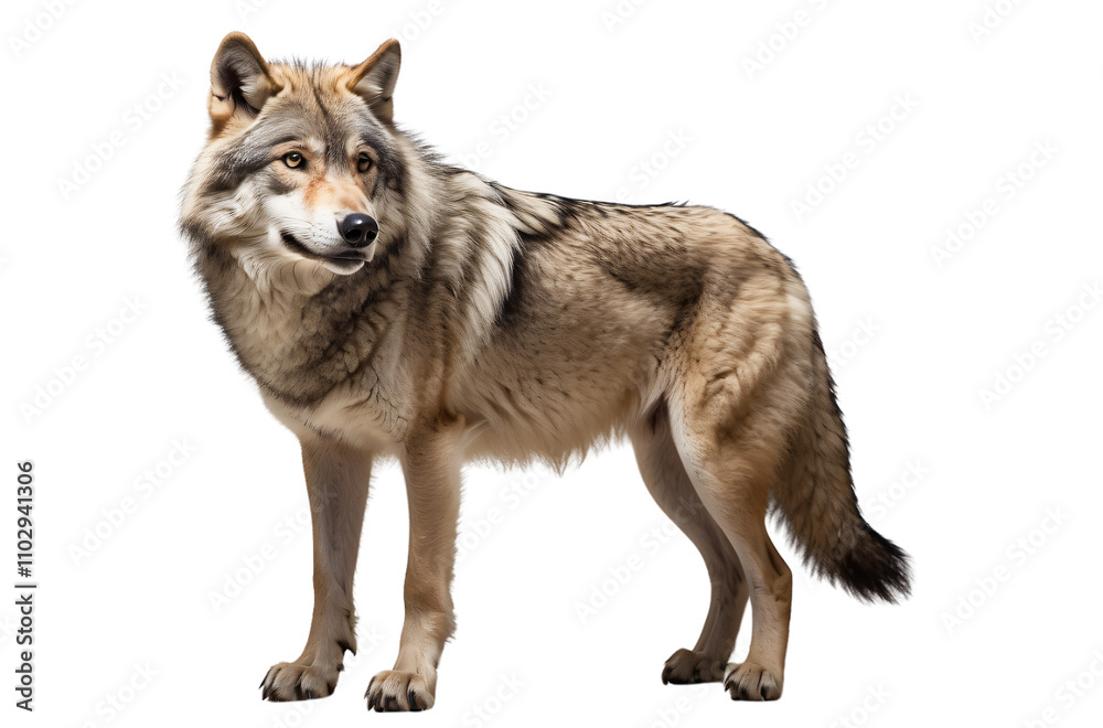 Obraz premium A realistic depiction of a wolf standing in a natural pose.