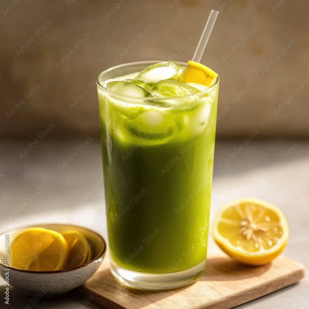A refreshing glass of iced matcha with a lemon slice, served in a sleek glass, Iced matcha centered A refreshing glass of iced matcha with a lemon slice, served in a sleek glass, Iced matcha centered