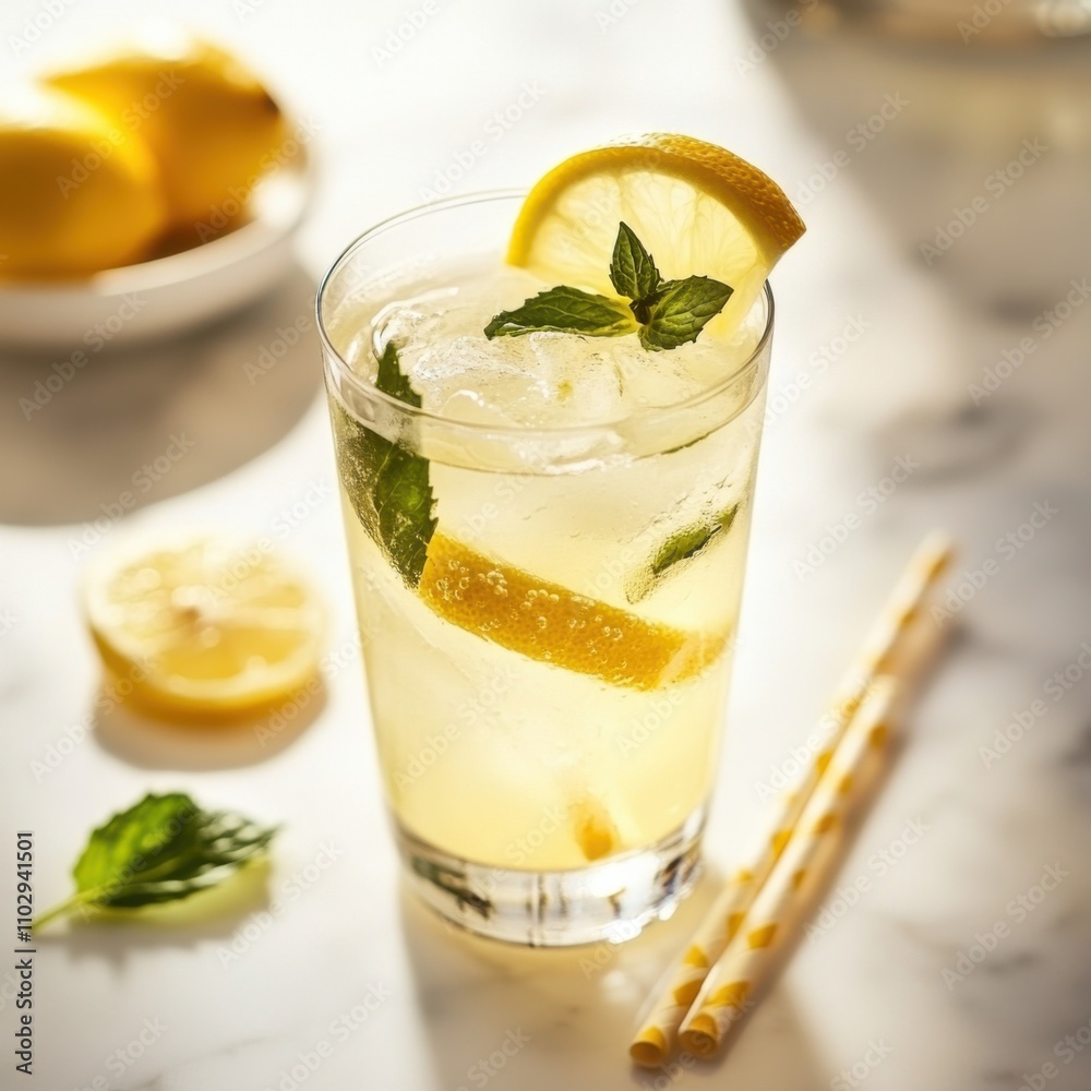 Fototapeta premium A refreshing glass of lemonade with a lemon slice and mint leaves, served in a sleek glass, Lemonade centered
