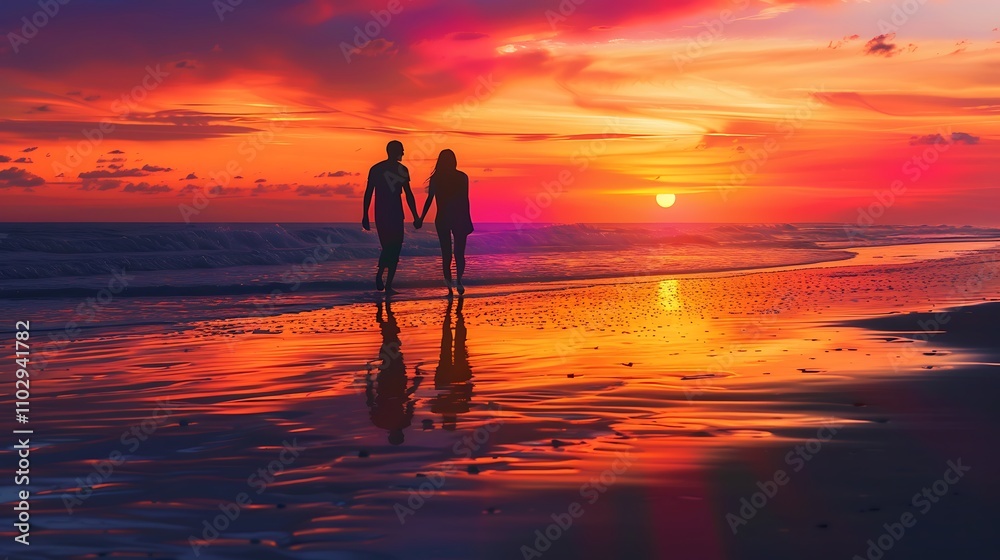 Fototapeta premium Couple Walking on Beach at Sunset